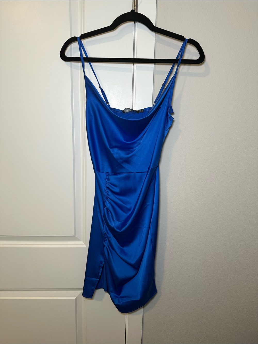 Cowl Neck Satin Mini Dress in Royal Blue